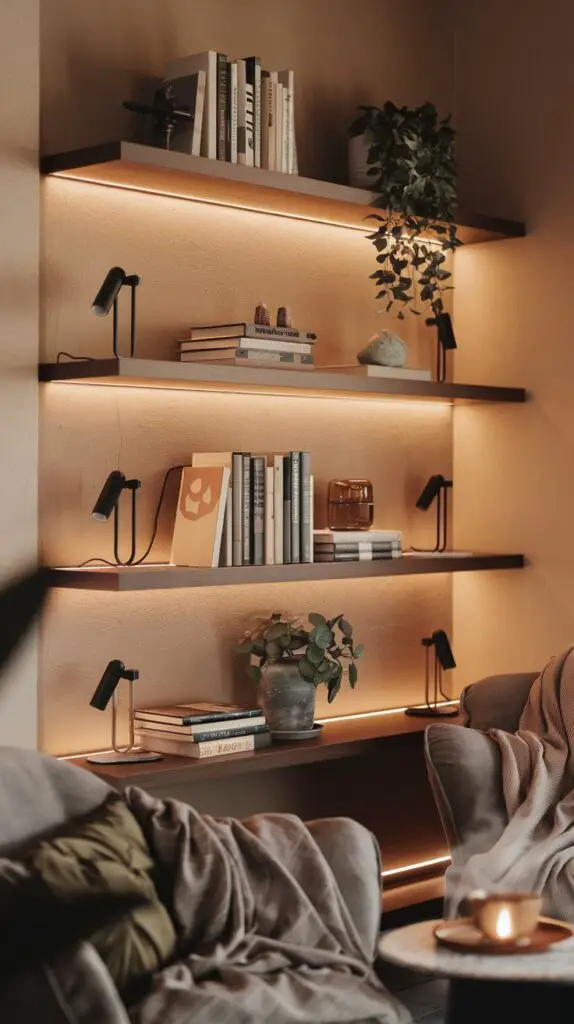 Living Room Bookshelf Décor Ideas: 15 Ways to Add Color and Texture 14 Living room bookshelf wall with added lighting, featuring small lamps and LED strips highlighting decorative items and books. This setup transforms the bookshelf into a focal point, enhancing both aesthetic appeal and functionality. The use of warm and cool lighting creates a cozy yet modern atmosphere, perfect for showcasing your favorite items while providing practical illumination.