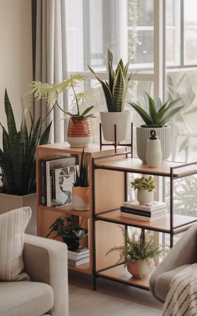Living Room Bookshelf Décor Ideas: 15 Ways to Add Color and Texture 1 Living room bookshelf wall with potted plants arranged at different heights for a fresh and inviting atmosphere. The mix of small and medium plants, including succulents and snake plants, adds a lively touch while being low-maintenance. The plants are strategically placed using plant stands and stacked books to create depth and visual interest, while also ensuring each plant receives ample light. Perfect for a cozy and welcoming living space, this bookshelf wall combines greenery with functionality for busy homeowners seeking minimal care plants.