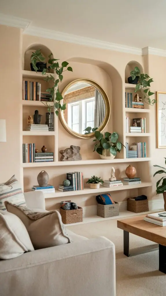 Living Room Bookshelf Décor Ideas: 15 Ways to Add Color and Texture 12 Add a decorative mirror to your living room bookshelf wall to create a spacious and bright atmosphere. A small round, square, or rectangular mirror can reflect light and add depth, making the room feel larger. Mirrors not only enhance the visual appeal of your bookshelf, but they also serve as a focal point, highlighting your favorite books or decorative pieces. Choose a mirror that complements your bookshelf's dimensions and overall decor style for a balanced and harmonious look. Experiment with different positions and angles to optimize the aesthetic of your living room.