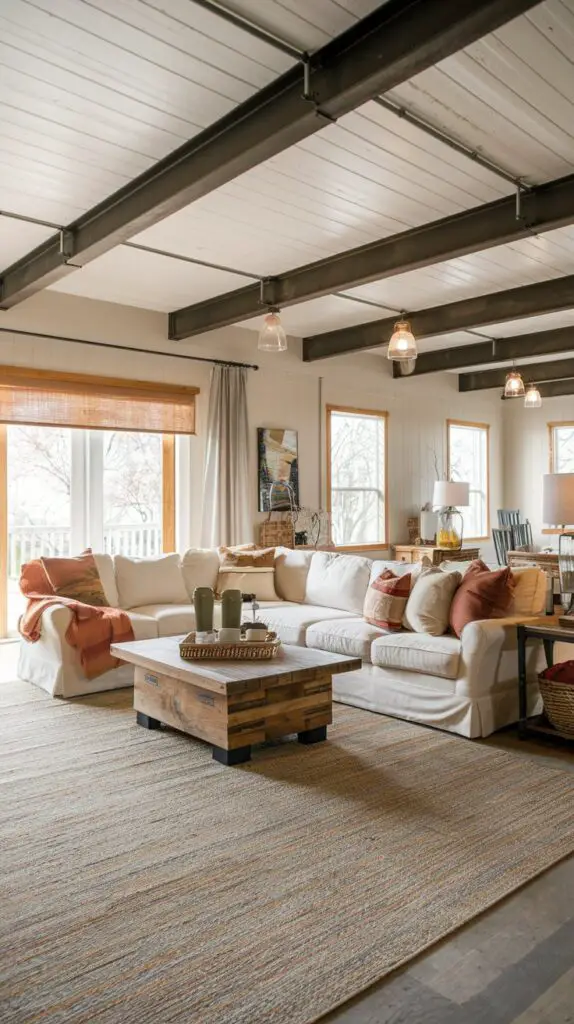 17 Elegant Barndominium Living Room Ideas for a Luxurious Feel 11 Area rugs in Barndominium living rooms help define cozy spaces and add warmth and comfort to cold floors. These versatile pieces can enhance your living room’s decor by creating distinct zones and tying together various design elements. Choose the right size, design, and material to complement your furniture and style while ensuring easy maintenance. Area rugs are an excellent way to introduce texture and color, making your Barndominium living room more inviting and stylish, especially if you have kids or pets.