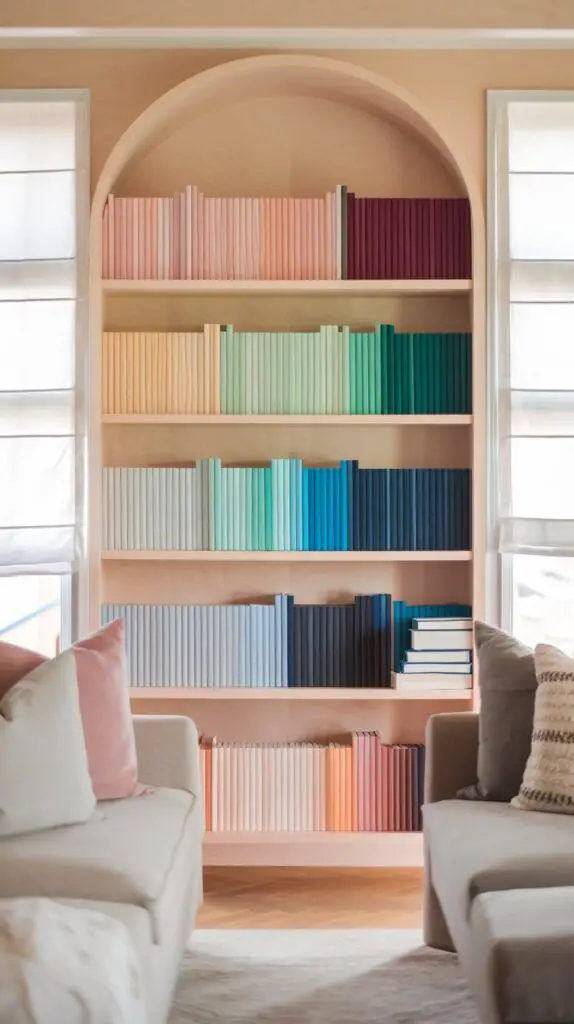 Living Room Bookshelf Décor Ideas: 15 Ways to Add Color and Texture 5 Living room bookshelf wall with books organized by color, creating a vibrant rainbow effect. Books are arranged from light to dark hues, enhancing the visual appeal of the space and adding a creative touch to the home decor. This method of organizing books by color not only transforms the bookshelf into a striking feature but also makes it easier to locate specific books, offering both beauty and practicality in living room organization.