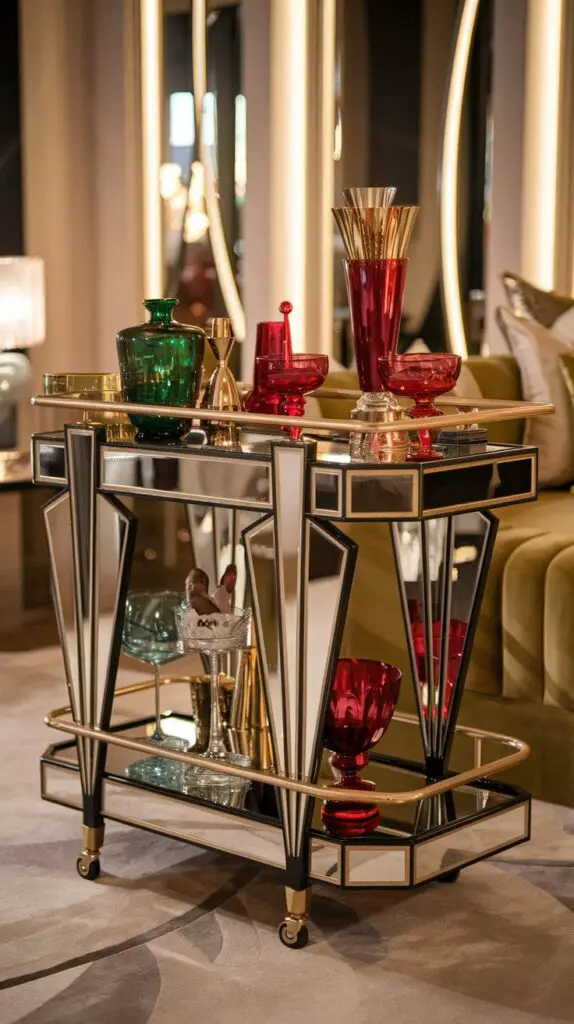 17 Unique Living Room Bar Cart Ideas for Every Occasion 8 Art Deco Bar Cart Ideas for Living Room: Elevate your space with a stylish Art Deco-inspired bar cart. Featuring sharp lines, mirrored surfaces, and bold geometric patterns, this vintage-inspired piece adds sophistication and glamour to your living room. Accentuate the cart with gold or silver details, and pair it with vintage glassware and cocktail tools in rich colors for a luxurious touch. Perfect for entertaining, this Art Deco bar cart creates a stunning focal point while infusing your living area with a modern yet timeless charm.