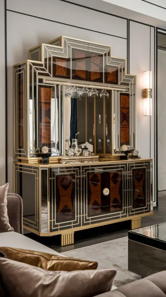 15 Stunning Living Room Modern Bar Cabinet Ideas to Elevate Your Space 13 Elegant Art Deco bar cabinet for living room with intricate geometric patterns, luxurious brass and glass accents, and mirrored surfaces. This modern storage piece combines style and functionality, adding sophistication and glamor to your space. Featuring unique design elements like inlaid wood and lacquer finishes, it creates a striking visual impact and serves as a conversation starter, perfect for entertaining guests. Ideal for contemporary living room decor, the Art Deco bar cabinet brings bold colors and stylish practicality together in a timeless piece.
