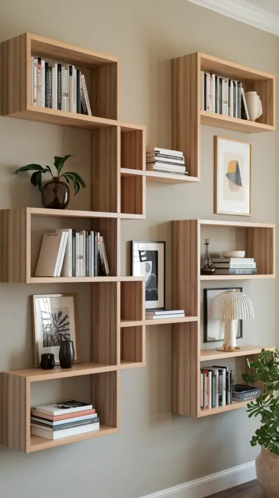 Asymmetrical shelves in a living room bar cabinet built-in display, showcasing a dynamic arrangement of varying shelf sizes and shapes. This innovative design adds visual interest and a modern touch to the space, providing the perfect storage solution for books, decor, and beverages. Ideal for those looking to personalize their living room, asymmetrical shelves allow for easy rearrangement, offering a versatile way to update your room's aesthetic and create a lively atmosphere."
