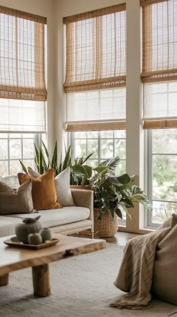 17 Living Room Blinds Ideas to Enhance Natural Light 9 Eco-friendly bamboo shades in the living room create a warm, natural ambiance by softly filtering light. These stylish, low-maintenance blinds are available in various styles and colors to complement any decor. Perfect for adding a touch of nature and enhancing privacy, bamboo shades are durable and easy to maintain, making them an ideal choice for busy households. Their versatility makes them suitable for living rooms, providing a cozy, inviting space that blends seamlessly with both modern and traditional designs.