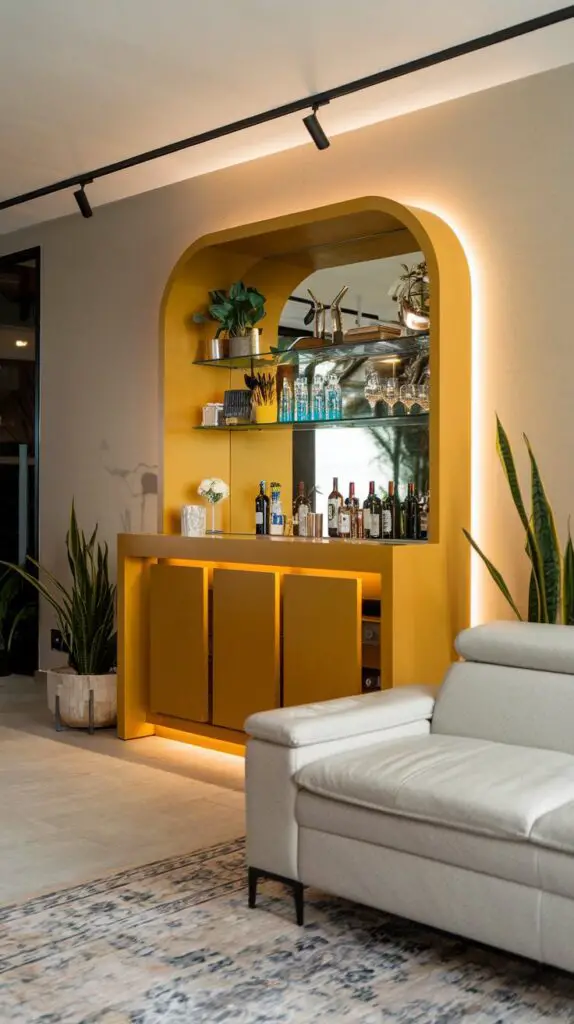 15 Stunning Living Room Modern Bar Cabinet Ideas to Elevate Your Space 6 Bold Color Statements in Living Room Modern Bar Cabinet Ideas – A vibrant turquoise bar cabinet stands as the focal point in this stylish living room, adding a pop of color to the neutral-toned decor. The bold hue of the cabinet contrasts beautifully with the surrounding darker shades, creating a dynamic and modern aesthetic. This practical bar cabinet offers ample storage for glassware and beverages, blending both functionality and style. Whether you choose coral, mustard, or turquoise, a bold-colored bar cabinet can instantly elevate your living room, reflecting your unique personality and design preferences.