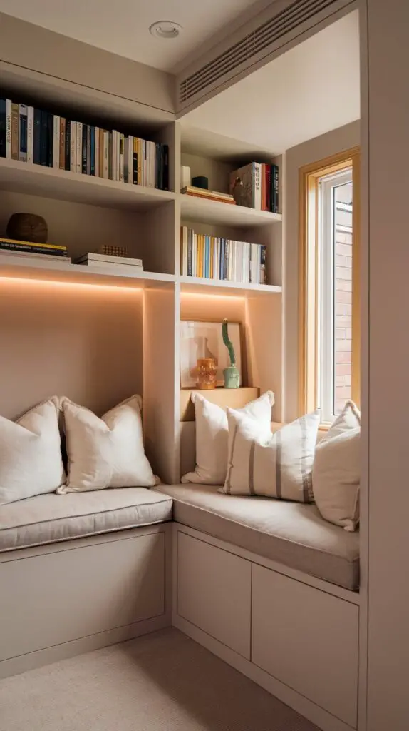 Living Room Bookshelf with Built-in Seating – A functional and stylish design that maximizes space while offering a cozy reading nook. Perfect for small apartments, this space-saving bookshelf with seating adds both comfort and practicality to your living room. The built-in seating provides extra seating options, creating a charming focal point in the room. Customizable shelves for your book collection and plush cushions ensure a comfortable and inviting atmosphere. Ideal for homes with limited space, this multifunctional living room idea seamlessly blends storage and relaxation.