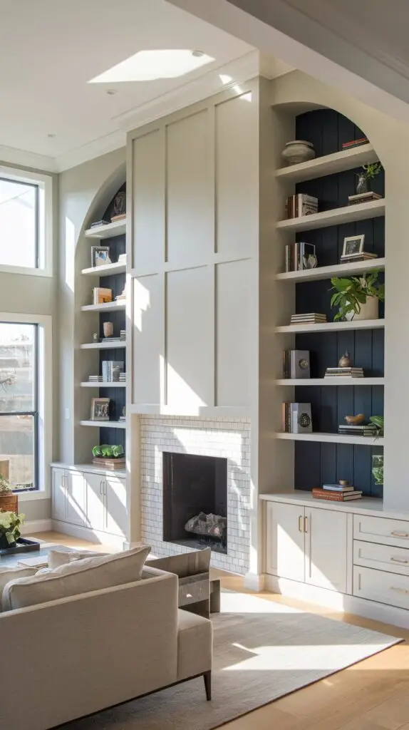 Stylish built-in bookshelves in a modern living room, seamlessly integrated around a fireplace. These custom shelves combine open storage for displaying books and decor with closed cabinets to hide clutter, offering both functionality and a sleek, cohesive design. Perfect for maximizing space and adding a unique, personalized touch to your living room bar cabinet built-ins ideas.
