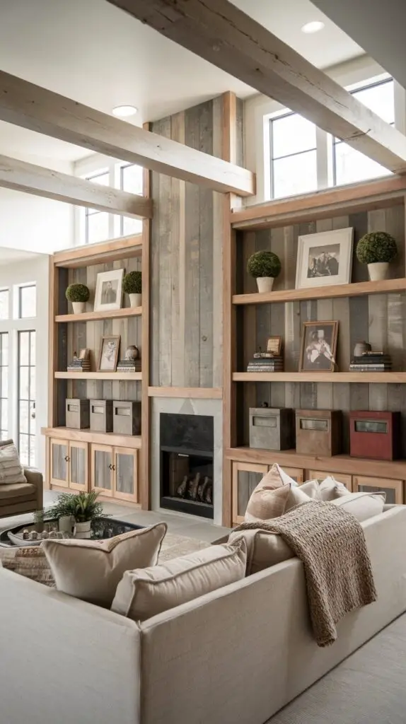 17 Elegant Barndominium Living Room Ideas for a Luxurious Feel 10 Barndominium living room featuring stylish built-in shelving that maximizes space and adds charm. These custom shelves are perfect for displaying decor, family photos, books, and more, offering both functionality and a personalized touch to your rustic modern home. Ideal for small spaces, this built-in storage solution enhances the room’s aesthetic while keeping it organized and clutter-free. Perfect for those looking to blend practicality with design in their barndominium living space.
