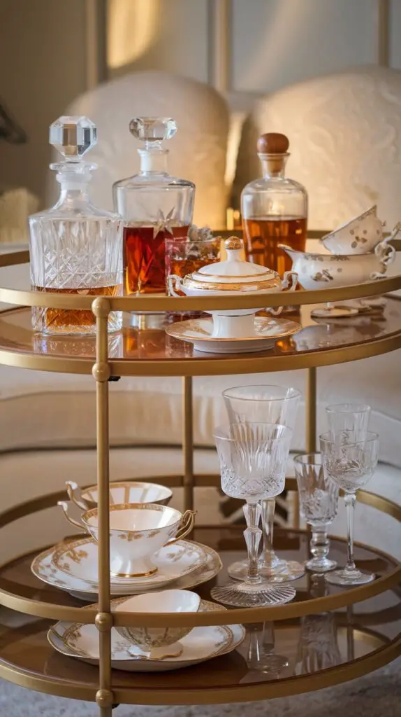 17 Unique Living Room Bar Cart Ideas for Every Occasion 11 Classic Elegance Living Room Bar Cart Ideas: Elevate your living room with a timeless bar cart featuring crystal decanters to store liquors, combining functionality with sophistication. Incorporate fine china for added luxury, displaying your best china pieces alongside elegant barware to create a refined atmosphere. Complete the look with intricate glassware, carefully selected for a polished and sophisticated touch, making your home bar setup both stylish and functional. Perfect for adding an air of elegance and luxury to any living room.