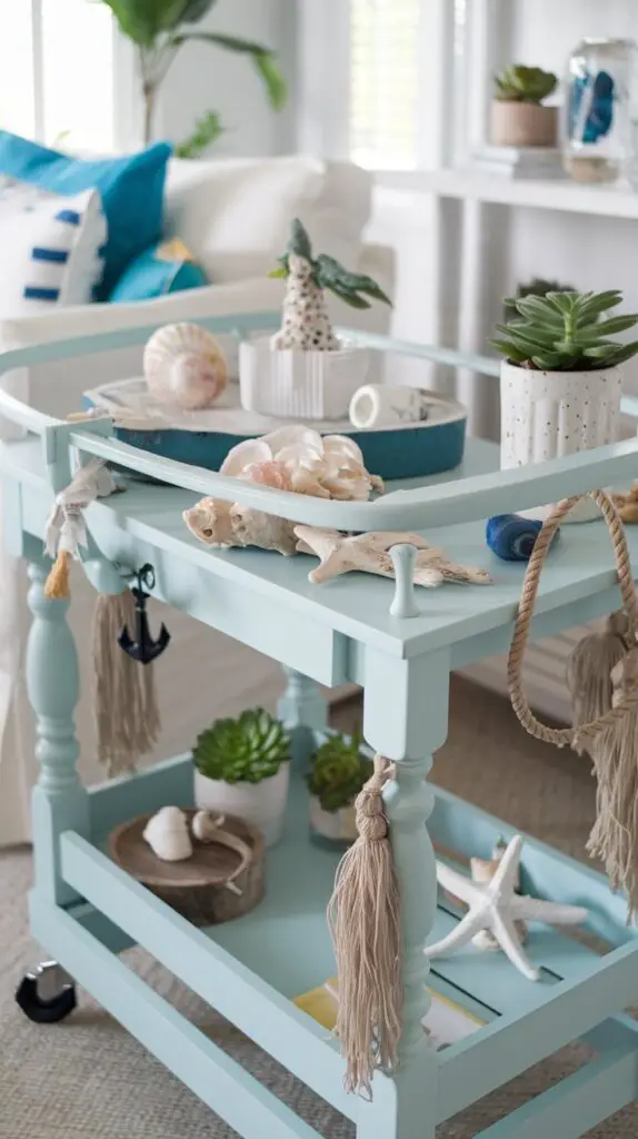 17 Unique Living Room Bar Cart Ideas for Every Occasion 9 Coastalastal Cool Living Room Bar Cart Ideas: Create a beachy haven by styling your bar cart with seashells, driftwood, and soft blue hues. Add nautical touches like anchors, starfish, and rope accents to enhance the coastal vibe. Complete the look with small potted plants or succulents to bring a fresh, natural element that complements the relaxed seaside decor. Perfect for a coastal-inspired living room, this stylish bar cart is an ideal way to set the mood for any gathering with a breezy, inviting atmosphere.