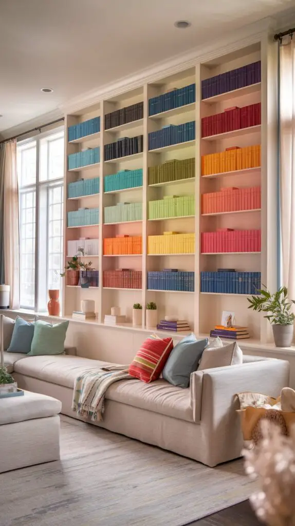 Elegant living room showcasing a built-in bar cabinet with color-coded shelves. The shelves are meticulously organized by book color, creating a visually stunning and cohesive display. This color-coordinated arrangement enhances the room’s aesthetic appeal while adding a functional touch to the home. Perfect for those seeking stylish and organized living room bar cabinet built-ins ideas, this setup blends practicality with artistic flair, offering a personalized and vibrant focal point in the living space.