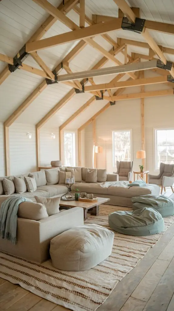 17 Elegant Barndominium Living Room Ideas for a Luxurious Feel 8 Cozy seating arrangements in a barndominium living room featuring plush sofas, oversized armchairs, and cushioned bean bags. This inviting space blends comfort and style, offering versatile seating options like traditional couches, modern recliners, and casual floor pillows. Perfect for relaxation, reading, or watching TV, the room also includes ergonomic chairs with lumbar support, ensuring a comfortable experience for all.
