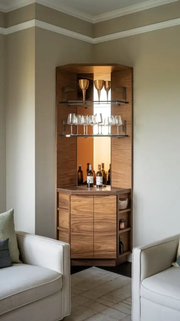 15 Stunning Living Room Modern Bar Cabinet Ideas to Elevate Your Space 2 Compact corner bar cabinets are an ideal solution for small living rooms, maximizing unused corner space without overwhelming the room. These space-saving units add a stylish touch to your living area while keeping bar essentials neatly organized. Available in various designs, they can complement your living room decor seamlessly. Perfect for a DIY project, installing a compact corner bar cabinet enhances both functionality and aesthetic appeal, making it an excellent choice for homeowners looking to optimize their living space.