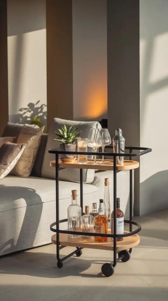 15 Stunning Living Room Modern Bar Cabinet Ideas to Elevate Your Space 11 Compact trolley bars in a modern living room setting, featuring a sleek design with a mix of metal and wood finishes. These portable bar cabinets are perfect for entertaining guests in small spaces, offering both style and functionality. Ideal for storing drinks and barware, they can be easily moved around and neatly tucked away when not in use, making them a versatile addition to any contemporary home decor.