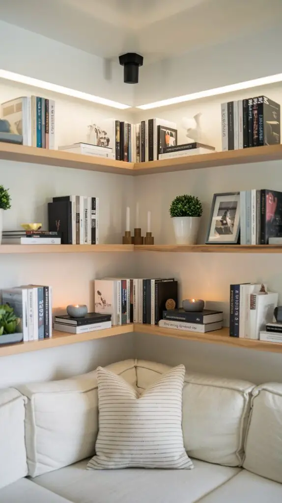 Corner shelves in a living room bar cabinet built-in, maximizing space efficiency while displaying decorative items and barware. These sleek and modern shelves fit perfectly into the corner, adding a stylish and functional touch to the living area, ideal for those seeking unique storage solutions and a clutter-free environment."