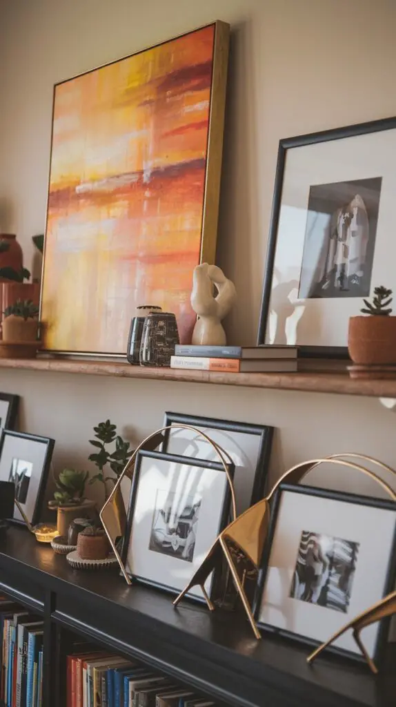 Living Room Bookshelf Décor Ideas: 15 Ways to Add Color and Texture 2 Living Room Bookshelf Wall Ideas with Display Artwork: Elevate your living room style by showcasing small artwork pieces on your bookshelf. Choose art that complements your room's colors for a cohesive and stylish look. Incorporating a mix of paintings, sculptures, and framed photos adds depth and visual interest to your bookshelf decor. Keep the space dynamic by rotating artwork periodically, refreshing the display with new or seasonal pieces for a personalized and ever-changing living room bookshelf setup.
