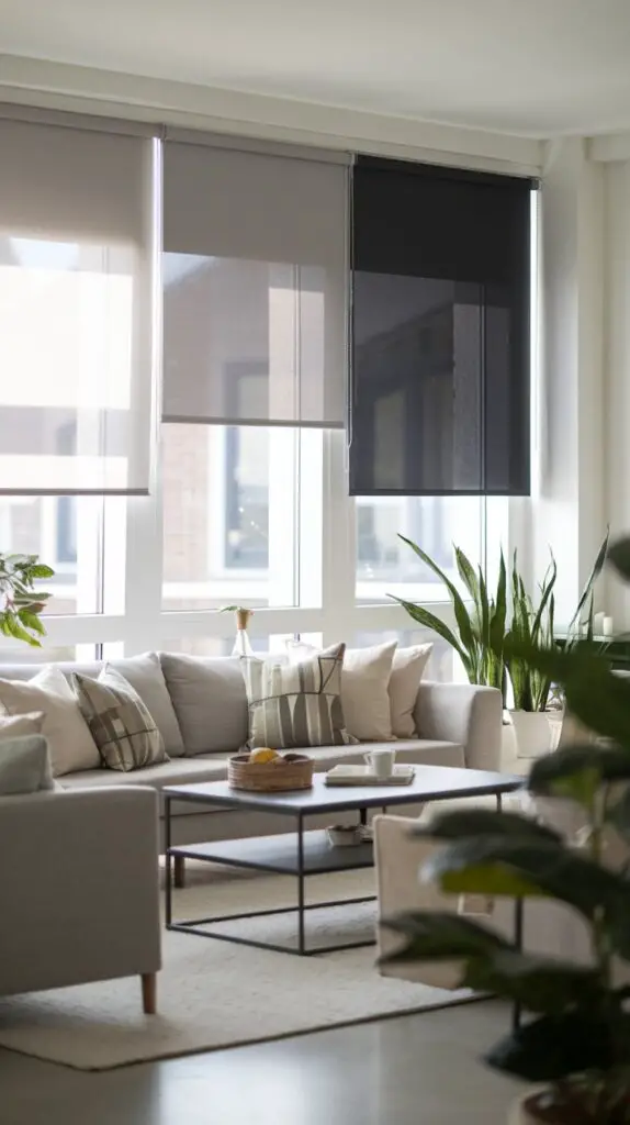 17 Living Room Blinds Ideas to Enhance Natural Light 12 Dual Roller Blinds for Living Room - Versatile light-filtering and blackout fabric combination offering flexible light control and privacy. Easily adjustable to create a bright, natural ambiance or a cozy, dark atmosphere. A practical, stylish, and customizable solution for living room blinds ideas, perfect for DIY installation with a variety of styles and colors to match your home décor.