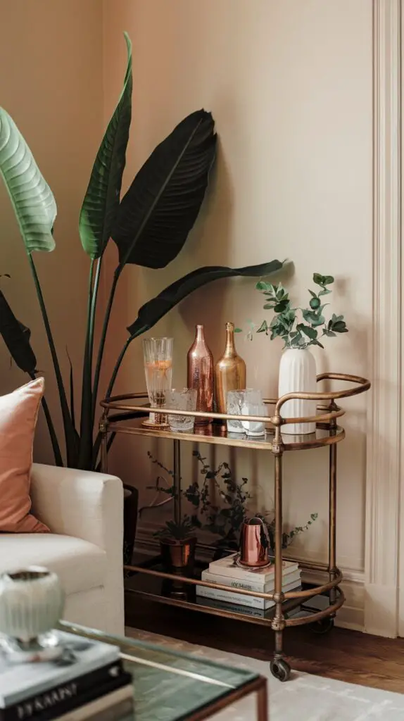 17 Unique Living Room Bar Cart Ideas for Every Occasion 12 Eclectic mix of vintage and modern elements in a stylish living room bar cart setup. The image showcases a blend of old-fashioned and sleek pieces, including an antique cart paired with contemporary glassware. Quirky accessories like retro coasters, colorful stirrers, and unique bottle openers add personality and charm to the space. The bar cart doubles as a functional decor piece, featuring books, plants, and decorative items, making it a focal point that complements the room's eclectic style. A perfect example of how to incorporate both style and functionality into living room decor with a versatile bar cart.