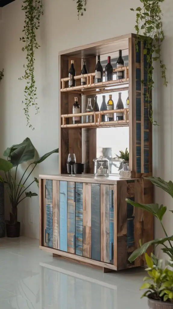 15 Stunning Living Room Modern Bar Cabinet Ideas to Elevate Your Space 14 Eco-friendly modern bar cabinet ideas for the living room featuring reclaimed wood and bamboo materials. Choose sustainable bar cabinets crafted from reclaimed wood for a unique and eco-conscious look that reduces timber demand. Bamboo bar cabinets provide a renewable, durable, and naturally beautiful option for your space. For an even greener touch, select cabinets finished with non-toxic, water-based paints and varnishes that enhance air quality and promote a healthier living environment.