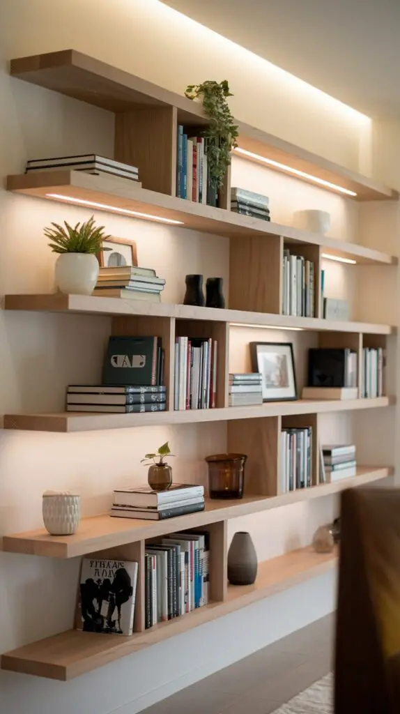 Stylish floating shelves in a modern living room bar cabinet built-in, showcasing a sleek and contemporary design. These customizable shelves are perfect for displaying books, decorations, and bar essentials without taking up floor space. Ideal for enhancing living room bookshelf wall ideas, the floating shelves offer a minimalist aesthetic that blends seamlessly with various decor styles, creating a personalized and inviting atmosphere. A practical DIY addition, these shelves add both function and beauty to any living room bar setup.