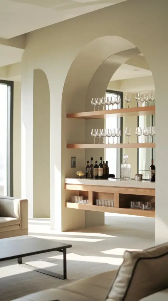 15 Stunning Living Room Modern Bar Cabinet Ideas to Elevate Your Space 8 Modern Living Room Bar with Floating Shelves – Sleek and space-saving, these floating bar shelves are perfect for showcasing glassware and spirits in smaller rooms or apartments. The versatile design allows customization with materials like wood, glass, or metal to match your home decor. Not only do these shelves offer a stylish bar setup, but they also provide practical storage, making entertaining guests effortless and keeping your living room organized and clutter-free. Ideal for adding a modern touch to your living space, these floating shelves offer both form and function.