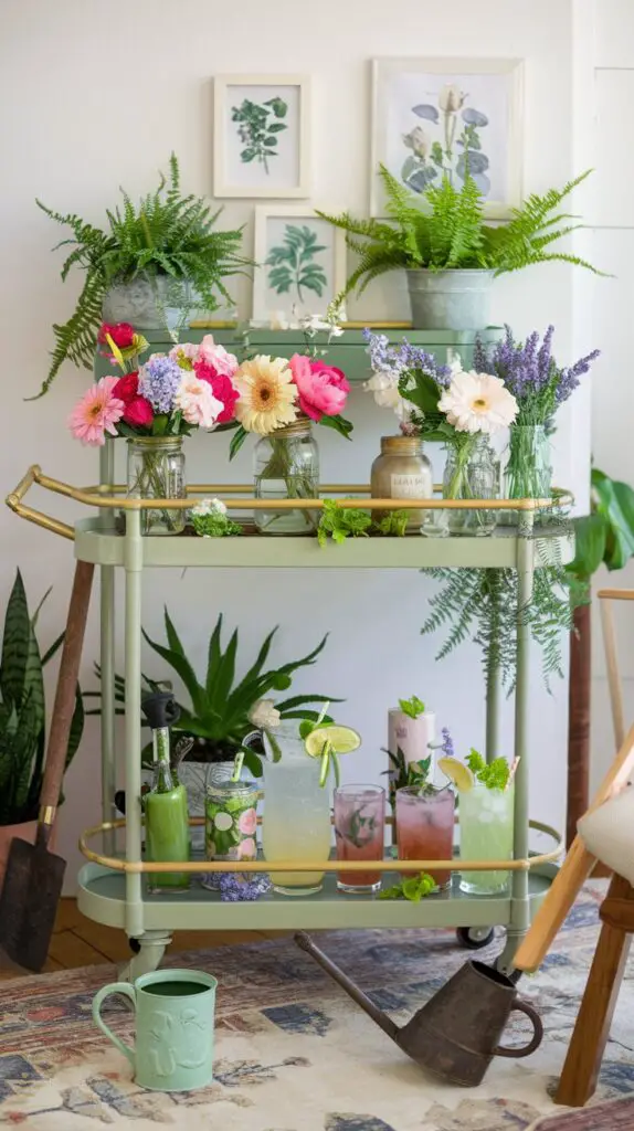 17 Unique Living Room Bar Cart Ideas for Every Occasion 6 Garden Party Living Room Bar Cart Ideas featuring fresh flowers, potted plants, and botanical prints to create a vibrant, nature-inspired atmosphere. Incorporate vintage garden tools or small watering cans as unique decorative accents, adding character and charm to the bar cart. Enhance the garden theme with refreshing garden-inspired drinks like herbal cocktails, floral teas, or classic lemonade, providing a delightful and refreshing experience for your guests. Perfect for adding a touch of nature and charm to your living space with this whimsical and stylish bar cart setup.