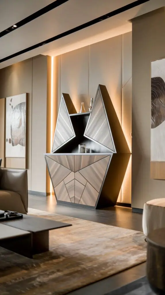 15 Stunning Living Room Modern Bar Cabinet Ideas to Elevate Your Space 10 Modern geometric bar cabinet in a living room, featuring bold angles and sharp lines, adding an artistic and contemporary touch. This statement piece enhances the decor with its unique design, making it a focal point in the space. Ideal for those who love modern aesthetics and versatile furniture that blends seamlessly with various interior styles. Perfect inspiration for DIY enthusiasts looking to craft their own custom bar cabinet with a geometric flair.