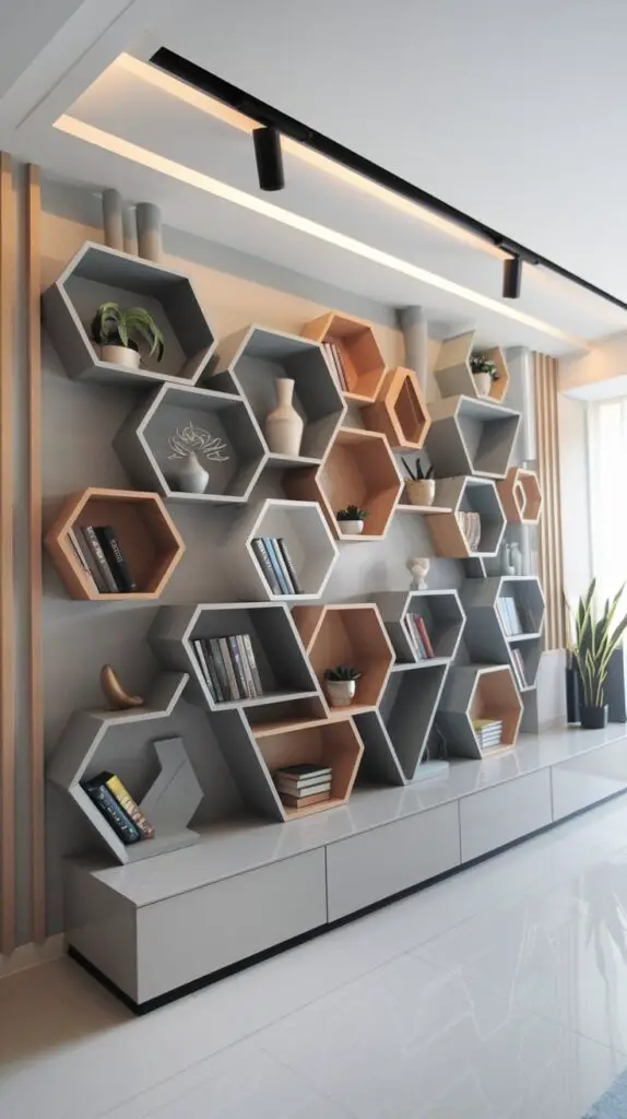 Modern living room bar cabinet with built-in geometric shelves in unique hexagon and triangle shapes. The stylish shelves offer an artistic display for books and decorative items, perfect for small apartments or homes. These functional shelves can be customized to suit your taste, making them an ideal choice for a DIY living room bookshelf wall project.