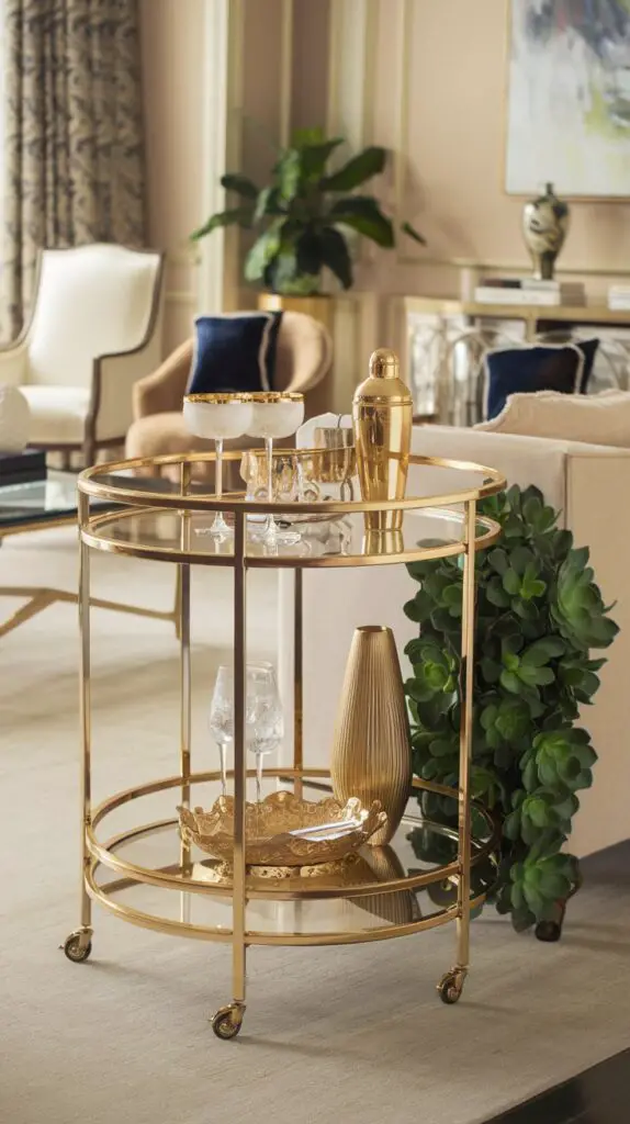 17 Unique Living Room Bar Cart Ideas for Every Occasion 5 Stylish and elegant Living Room Bar Cart Ideas featuring a glamorous gold bar cart with gold-rimmed glassware and metallic accents. This luxurious piece not only enhances the decor but also provides a practical storage solution for drinks and glassware. The gold bar cart adds a touch of sparkle to your living room while offering easy organization for your favorite beverages. Accessorize with greenery or small decor items to create a stunning contrast that makes the gold cart stand out. Perfect for impressing guests and elevating your living room decor with a chic, sophisticated flair.