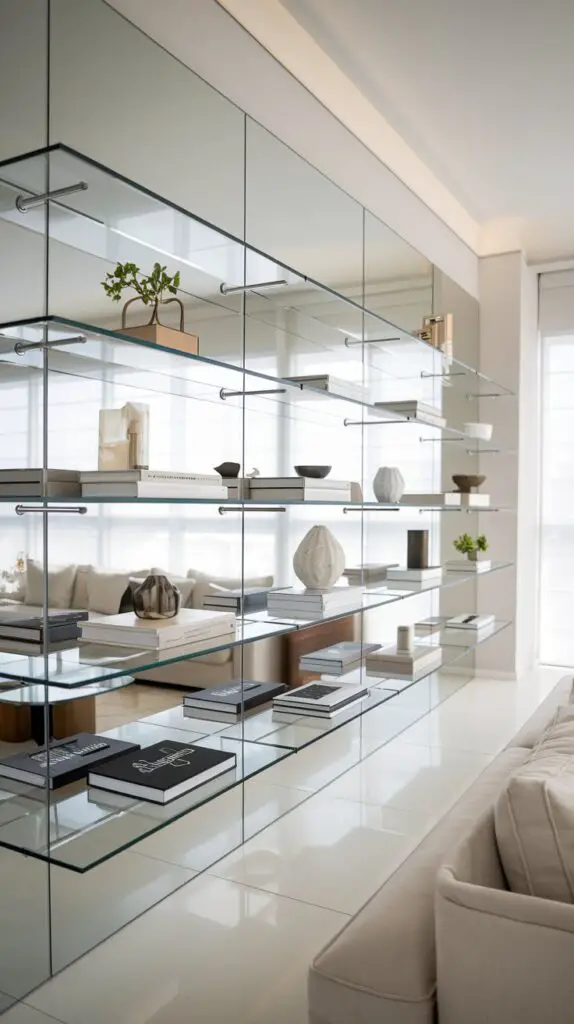 Glass shelves for living room bar cabinet built-ins, offering a modern and spacious look. Perfect for displaying books and decor without clutter, these easy-to-maintain shelves are a simple DIY project that adds a stylish storage solution to any living room. Their sleek design enhances the room's aesthetic, and their easy-to-clean surface ensures long-lasting beauty with minimal effort. A great choice for creating an organized, clutter-free living space that impresses guests.