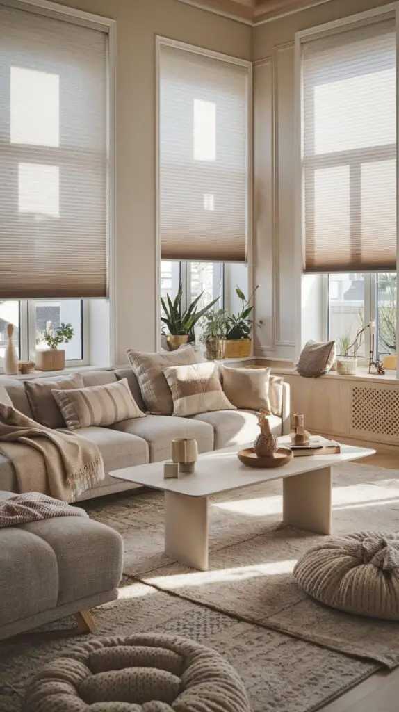 17 Living Room Blinds Ideas to Enhance Natural Light 5 Discover the benefits of Honeycomb Shades for your living room. These energy-efficient blinds feature a unique design that traps air, helping to maintain a comfortable temperature year-round. Enjoy superior light control with the ability to adjust them for natural light or complete privacy. Available in a variety of colors and styles, honeycomb shades are a stylish and functional choice that enhances your living room decor while improving energy efficiency. Perfect for those looking for an elegant and practical window treatment solution.