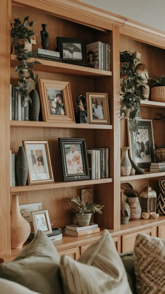 Living Room Bookshelf Décor Ideas: 15 Ways to Add Color and Texture 7 Living Room Bookshelf Wall Ideas with Family Photos – Personalize your living room bookshelf by including framed family photos alongside books and decorative items. Using various frame styles creates a unique, warm display that enhances the overall ambiance. Integrate these photos with your decor to balance your bookshelf, making it both inviting and visually appealing. Regularly switch the arrangement of your family photos to keep your bookshelf decor fresh and dynamic.
