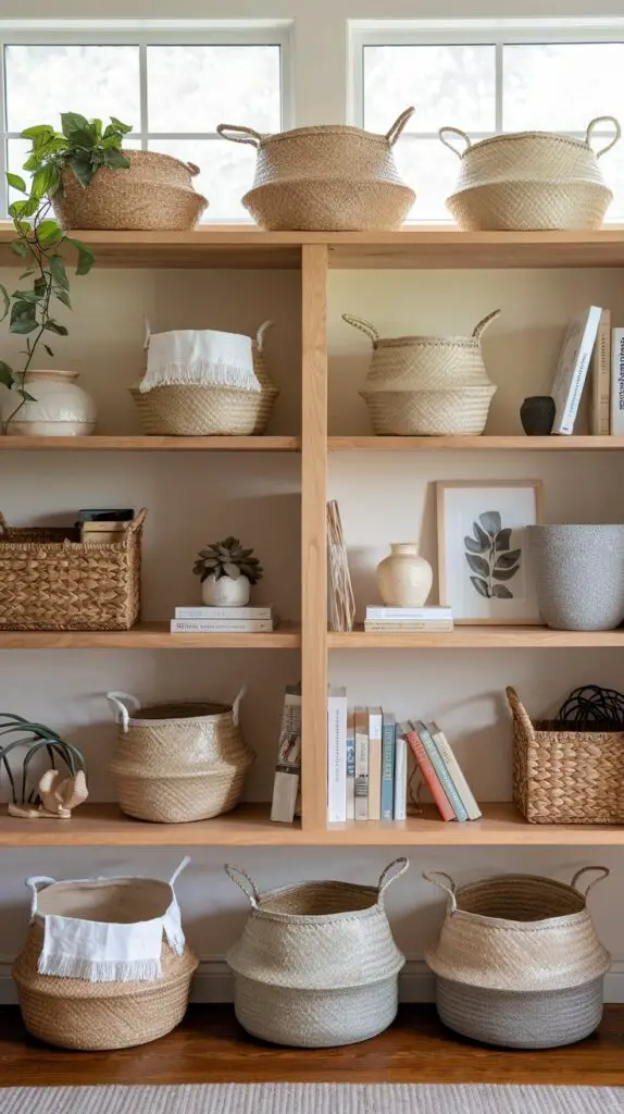 Living Room Bookshelf Décor Ideas: 15 Ways to Add Color and Texture 4 Living Room Bookshelf Wall Ideas with Baskets – Incorporate woven baskets made from natural materials like wicker or seagrass into your bookshelf for a cozy, organic vibe. These baskets not only offer a stylish way to store remote controls, cables, and knick-knacks but also help maintain a tidy, organized living space. Choose baskets in complementary colors or textures to enhance your room’s theme and create a cohesive, visually appealing design. Add both functionality and texture to your living room while keeping everything neatly stored away.