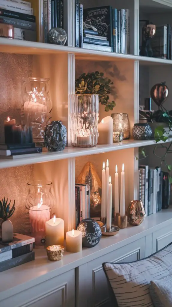 Living Room Bookshelf Décor Ideas: 15 Ways to Add Color and Texture 9 Living Room Bookshelf Wall Ideas: Incorporate Candles for a Cozy Atmosphere. Enhance your living room by adding candles of various sizes and styles to your bookshelf. This small touch creates warmth and visual interest, making the space feel more inviting. Choose candles with calming scents like lavender or energizing fragrances like citrus to create the perfect ambiance. Don't forget decorative candle holders in glass, metal, or ceramic to complement your bookshelf decor, adding both style and safety to your space.