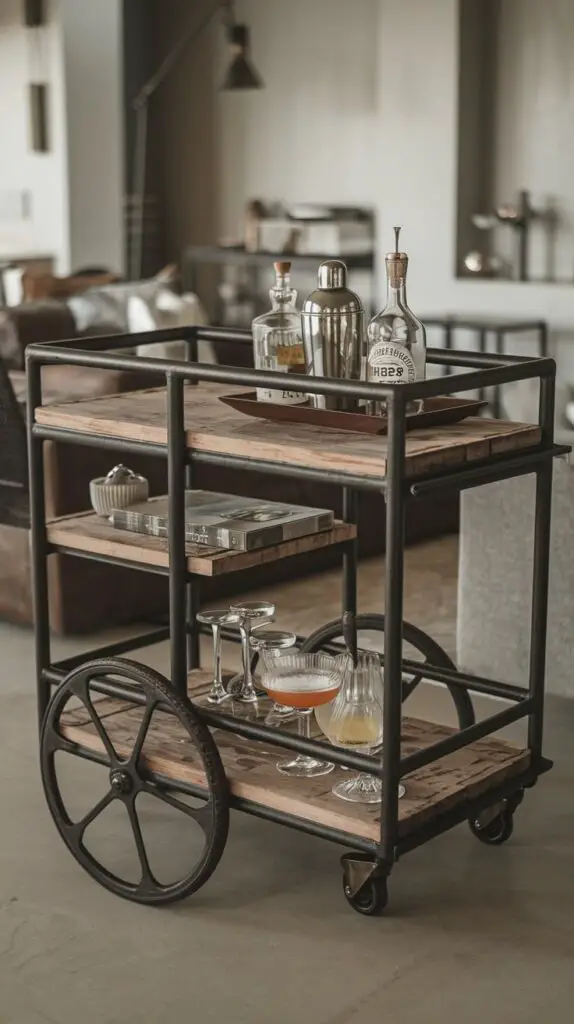 17 Unique Living Room Bar Cart Ideas for Every Occasion 10 Industrial Edge Living Room Bar Cart Ideas - Featuring a sleek metal frame for a modern, strong look, this industrial-inspired bar cart adds an edgy vibe to your living room. Exposed wheels enhance mobility while boosting the cart's cool, rugged aesthetic. The combination of reclaimed wood and metal creates a rustic yet stylish focal point, blending functionality and design for a unique and practical addition to your home decor.