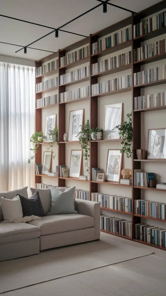 Living Room Bar Cabinet Built-Ins with Library Wall - Stylish bookshelf wall design combining functionality and aesthetics, perfect for book lovers. Featuring a mix of storage for books, decorative items like photos, plants, and art pieces, creating a personalized and inviting atmosphere. A DIY-friendly project with endless customization options for a unique and practical living room feature.