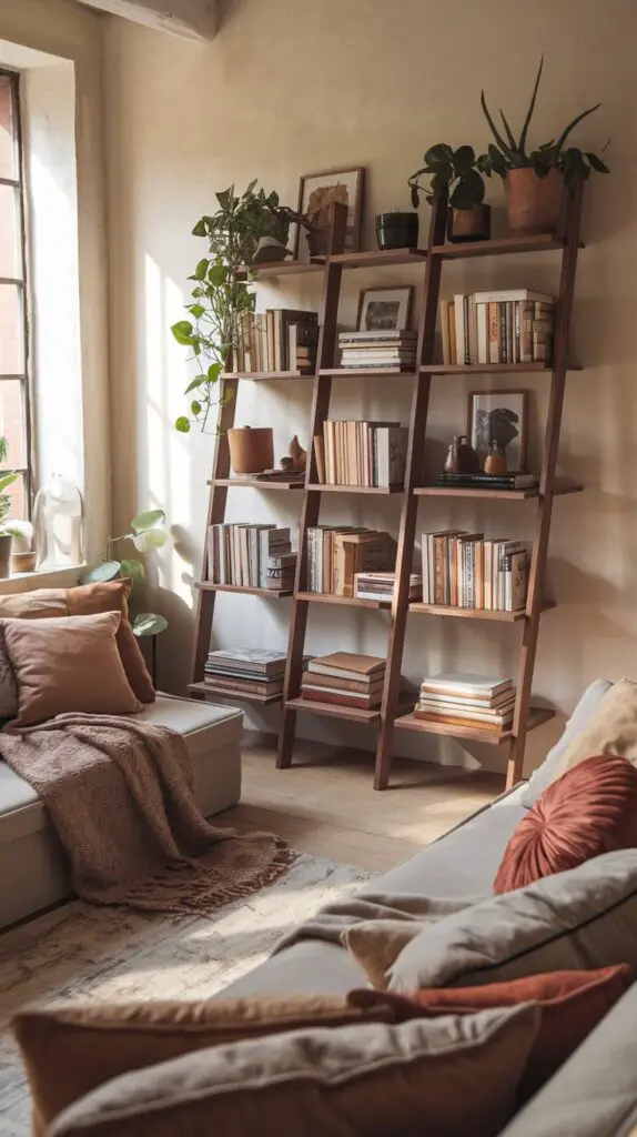 Elegant ladder bookshelves in a modern living room bar cabinet built-in setup, featuring sleek, rustic wood shelves filled with books, plants, and decor. These freestanding shelves add a cozy, versatile touch, perfect for renters or DIY enthusiasts seeking stylish, damage-free storage solutions for various room layouts and styles.