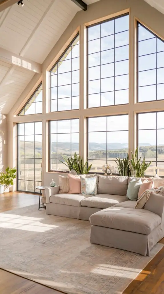 17 Elegant Barndominium Living Room Ideas for a Luxurious Feel 4 Barndominium living room with large windows that flood the space with natural light, creating a bright and airy atmosphere. The expansive windows offer stunning views of the outdoors, bringing nature indoors and enhancing the connection to the surrounding landscape. The large windows also improve ventilation, allowing fresh air to circulate and promote a healthier living space, while reducing electricity usage during the day. Ideal for a barndominium design, these windows combine functionality and beauty, enhancing the overall comfort and aesthetic appeal of the living room.