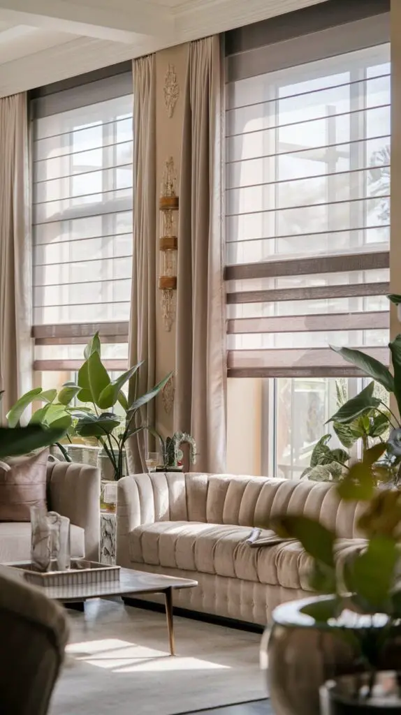 17 Living Room Blinds Ideas to Enhance Natural Light 15 Layered shades for living room blinds, combining sheer and solid fabrics to control light and privacy. These modern blinds provide a dynamic look that enhances any decor, offering a sophisticated aesthetic while maintaining functionality. Perfect for creating a stylish, comfortable space with easy operation and low maintenance.