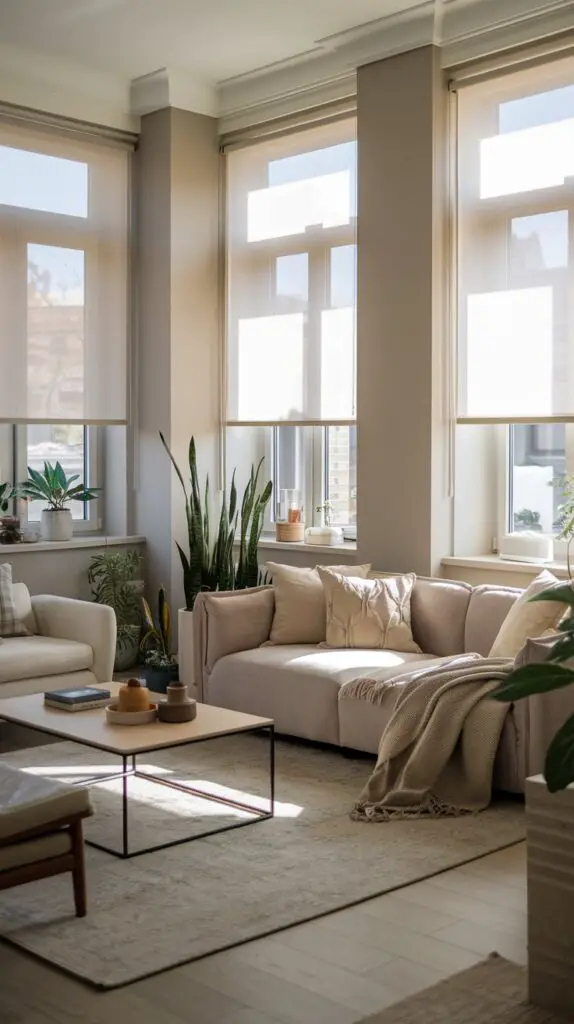 17 Living Room Blinds Ideas to Enhance Natural Light 2 Light-Filtering Roller Blinds for Living Room: A versatile and stylish solution for privacy and natural light, light-filtering roller blinds create a cozy and inviting atmosphere in your living room. Perfect for adjusting light levels throughout the day, these blinds offer privacy while allowing natural light to fill the room. Easy to install as a DIY project, they come in a range of colors and patterns to complement any decor, making them a top choice for modern living room blinds ideas.