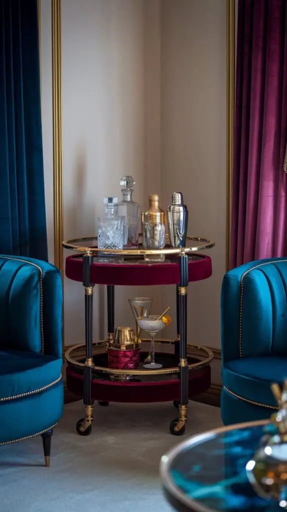17 Unique Living Room Bar Cart Ideas for Every Occasion 17 Luxury lounge living room with an elegant bar cart featuring velvet shelves, marble surfaces, and gold accents. The sophisticated setup includes crystal decanters and gold-rimmed glasses, creating an inviting, high-end atmosphere perfect for entertaining. A stylish and plush bar cart transforms the space into a luxurious lounge, combining opulent materials and finishes to elevate your living room decor.