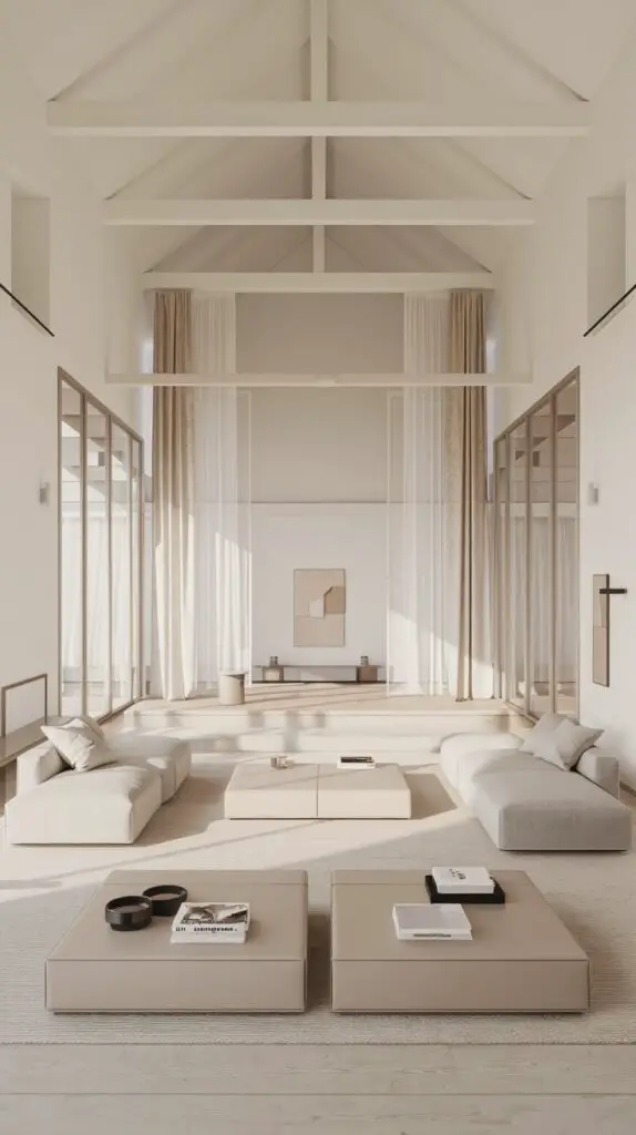 17 Elegant Barndominium Living Room Ideas for a Luxurious Feel 15 Minimalist design in a barndominium living room featuring neutral colors like white, beige, and gray to create a calm, open space. The design focuses on simplicity, promoting relaxation and spaciousness. Multifunctional furniture, such as a coffee table with storage, keeps the room tidy and organized. Large windows and glass doors allow natural light to flood the space, enhancing its welcoming atmosphere. Sheer curtains provide privacy while letting light filter in, completing this serene and clutter-free minimalist barndominium living room design.