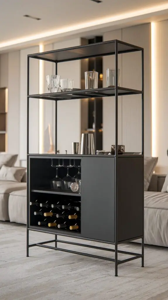 15 Stunning Living Room Modern Bar Cabinet Ideas to Elevate Your Space 5 Minimalist Metal Bar Cabinets for Modern Living Room – Sleek and stylish, these metal cabinets feature clean lines and a simple design, perfect for contemporary spaces. Their industrial chic appeal adds character to your living room while providing durable and easy-to-maintain storage for drinks and bar tools. A functional yet fashionable addition to any home, these minimalist metal bar cabinets are a conversation starter, seamlessly blending form and function to elevate your interior design.