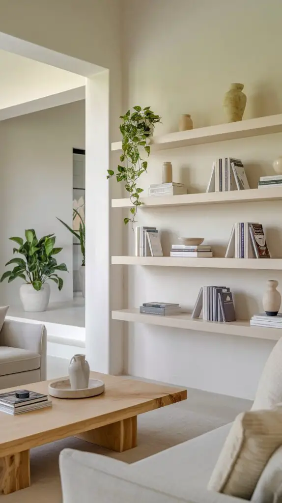 Living room with minimalist bar cabinet built-ins and shelves. Sleek, tidy shelves showcase a curated mix of decor and books, creating an organized and calm space. The simple design of the built-in cabinet blends wood and glass materials, enhancing the room’s modern aesthetic. These versatile minimalist shelves provide a stylish solution for both storage and display, contributing to an uncluttered and serene atmosphere in your living room. Ideal for DIY enthusiasts, these custom shelves offer a personalized touch to any modern living room decor.