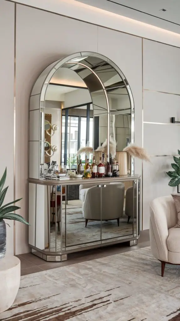 15 Stunning Living Room Modern Bar Cabinet Ideas to Elevate Your Space 12 Modern mirrored bar cabinets in a living room, enhancing the space with reflective surfaces that create an illusion of more light and openness. These sleek cabinets offer both style and functionality, blending seamlessly with various decor styles while providing ample storage for bar essentials. An elegant and practical addition, perfect for transforming the living room into a chic, inviting space.