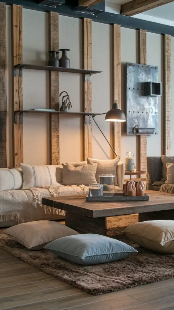 17 Elegant Barndominium Living Room Ideas for a Luxurious Feel 13 Barndominium living room featuring a stylish mix of textures, including a wooden coffee table, metal lamp, and soft fabric cushions. The combination of wood, metal, and fabric elements creates depth and visual interest, adding a cozy yet chic ambiance. A plush rug, sleek metal shelf, and rustic wooden beams enhance the inviting, layered feel of the space. This blend of materials transforms the living room into a comfortable, stylish retreat, offering a perfect balance of rustic charm and modern aesthetics, ideal for any barndominium design.