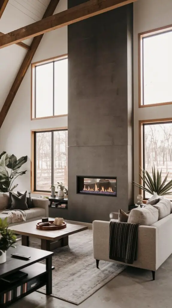 17 Elegant Barndominium Living Room Ideas for a Luxurious Feel 3 Modern fireplace in a barndominium living room, showcasing a sleek and stylish design that enhances the contemporary decor while providing efficient heating. This fireplace serves as a focal point, creating a warm and inviting atmosphere in the space. Perfect for barndominium living room ideas, the modern fireplace adds both aesthetic appeal and energy-efficient warmth, with versatile installation options like wall-mounted or freestanding models. The design complements a range of home styles and offers convenience with remote control functionality.