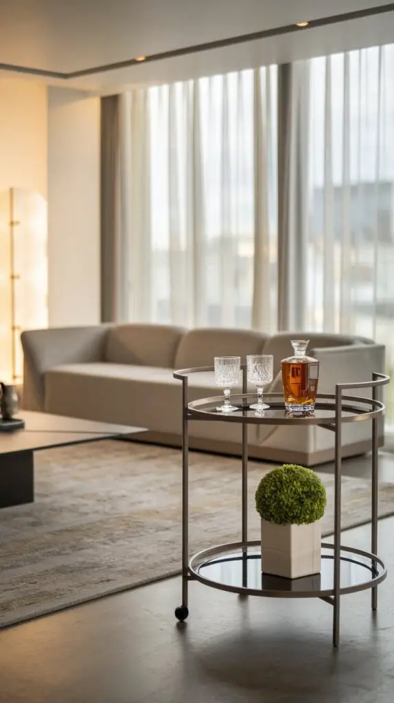 17 Unique Living Room Bar Cart Ideas for Every Occasion 1 Modern minimalist living room bar cart idea featuring a sleek design with clean lines, displaying a curated selection of essentials like glassware, a favorite bottle, and a small potted plant. Positioned for easy access, this clutter-free bar cart enhances the room's decor while maintaining functionality and a stylish aesthetic.