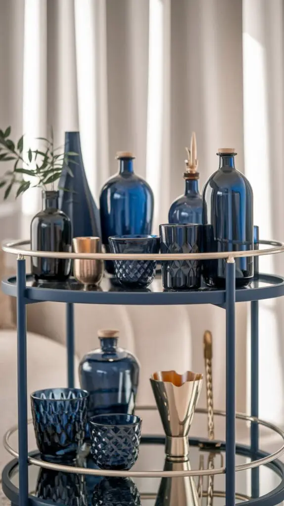 17 Unique Living Room Bar Cart Ideas for Every Occasion 15 Monochrome Living Room Bar Cart Ideas: Create a sleek and modern look with a monochrome color scheme for your bar cart. This monochromatic setup uses varying shades of one color to add depth and cohesion, making your living room feel stylish and organized. The combination of matte, glossy, and metallic finishes enhances the visual interest while staying true to the color palette. Functional items like colored glassware and painted bottles are thoughtfully arranged, blending aesthetic appeal with practicality for a sophisticated bar cart display in your living room.